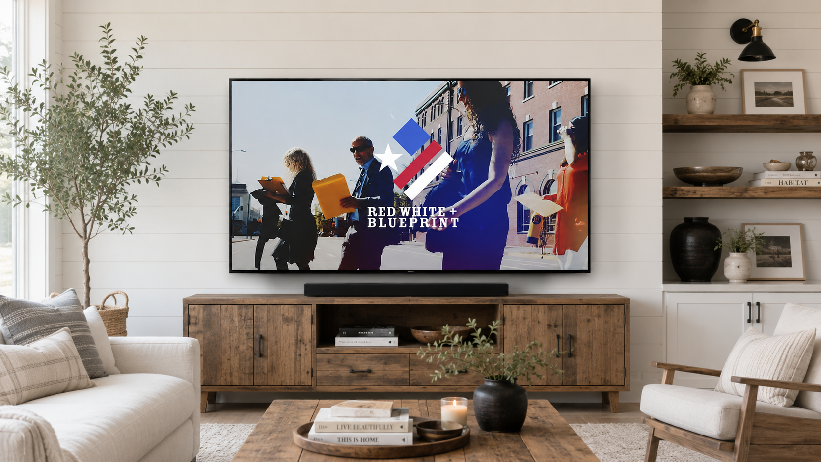 Red White + Blueprint docuseries shown on laptop, tablet and phone