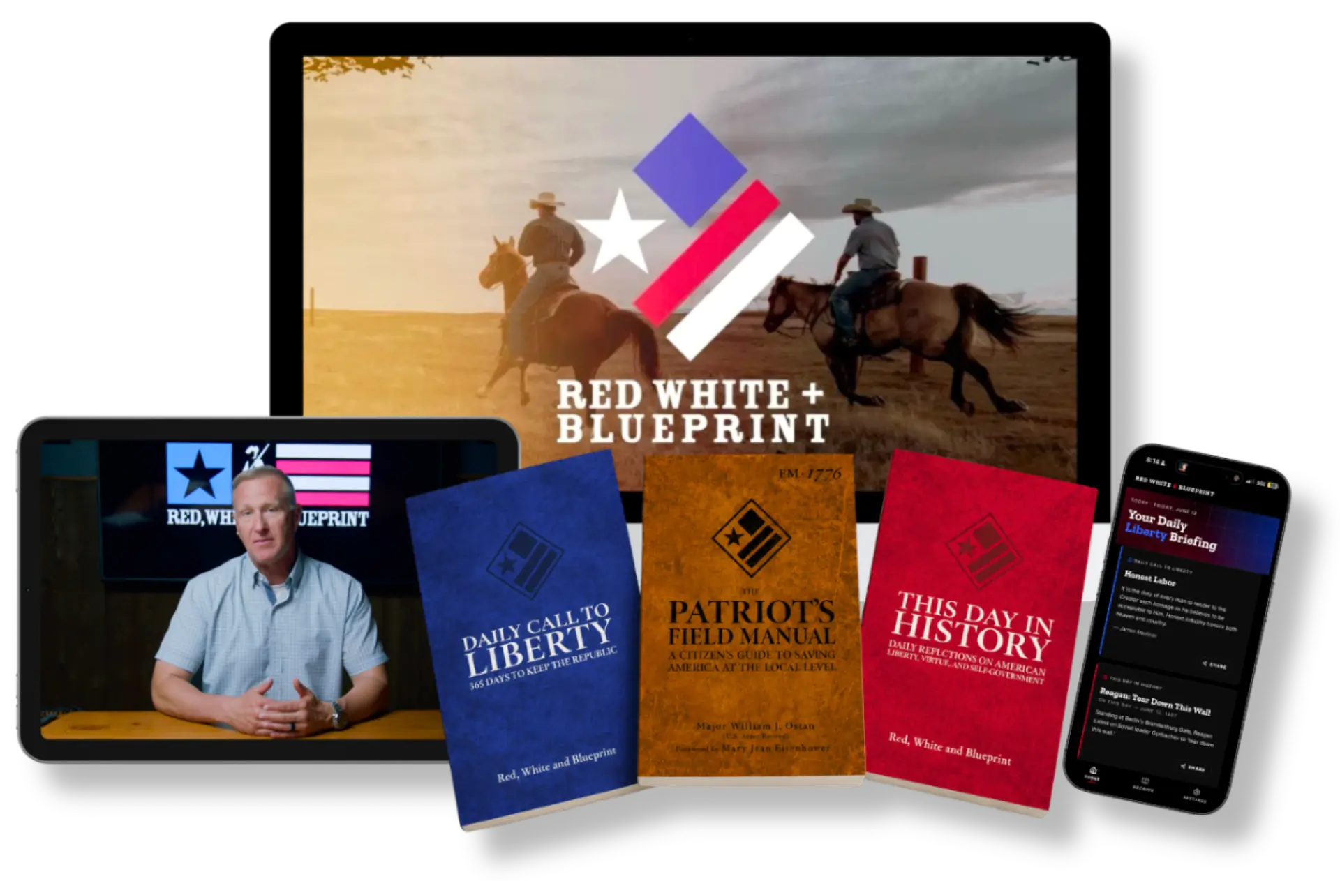 The Blueprint Bundle — docuseries on laptop, crash course on tablet, three books, and the Blueprint App on iPhone