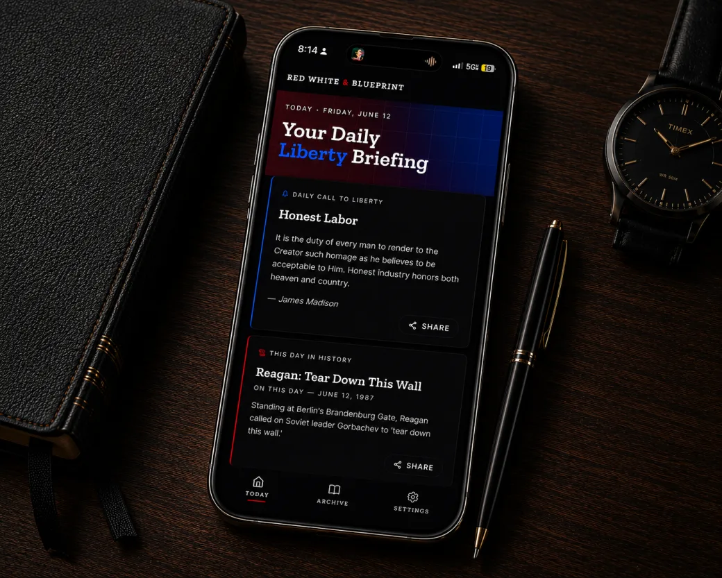 The Blueprint App — Daily Liberty Briefing shown on iPhone, on a leather-bound journal beside a Timex watch